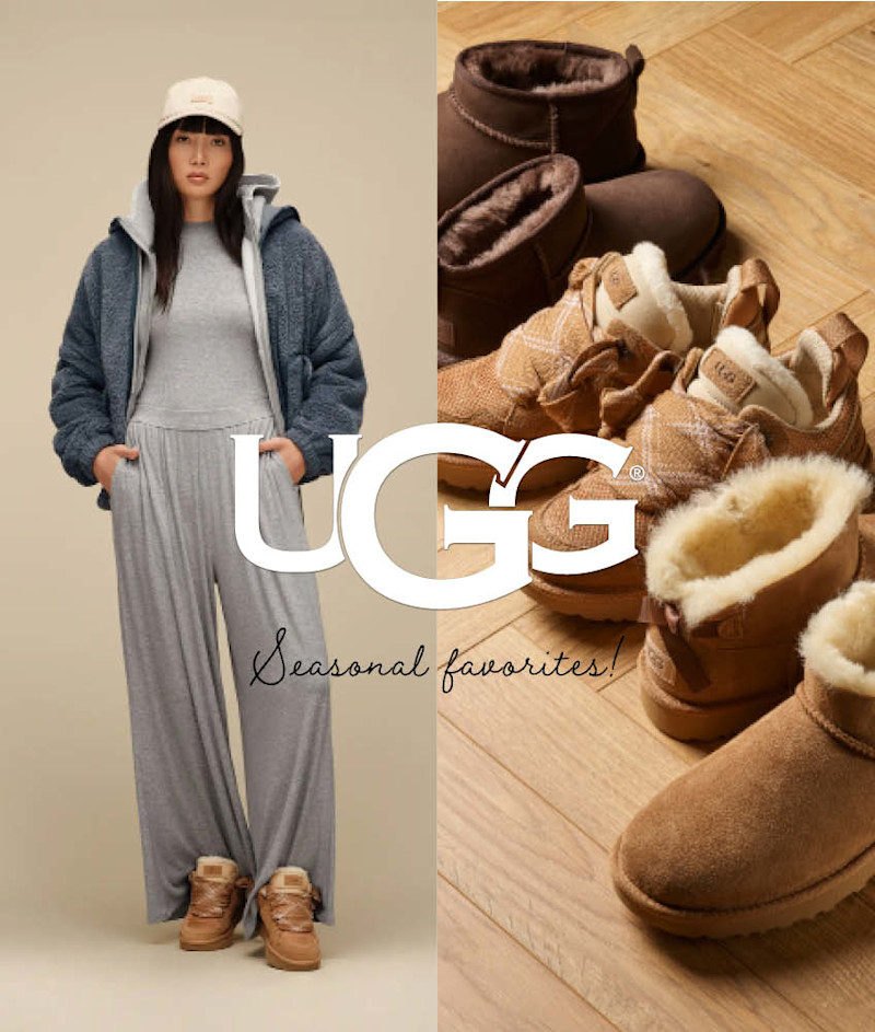 Kvinne i grå antrekk med brune UGG-sneakers. Flere brune UGG-støvletter