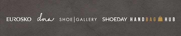 Logoer for Eurosko, dna, Shoe Gallery, Shoeday, Handbag Hub med en brun håndbag-ikon på grå bakgrunn.