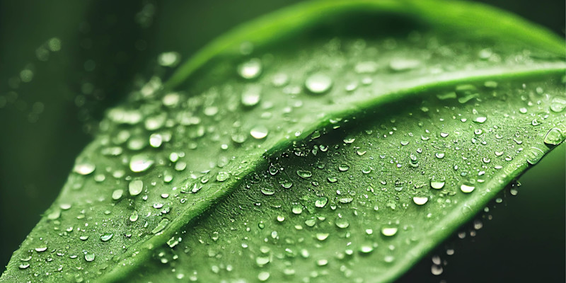 Grønt blad med mange vanndråper som ligger på overflaten i et naturlig miljø.